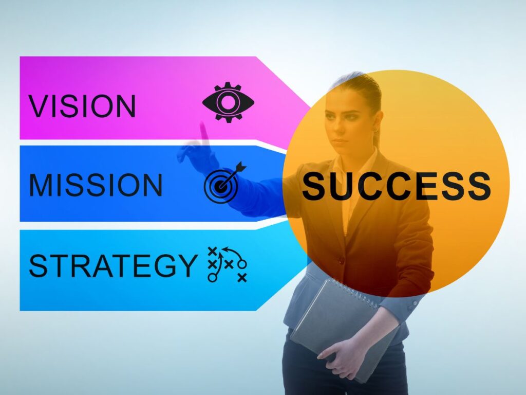 Businesswoman pointing at a graphic that outlines the equation of success with the steps: Vision, Mission, Strategy, and Success, symbolizing the strategic planning and mindset required for achieving financial freedom.